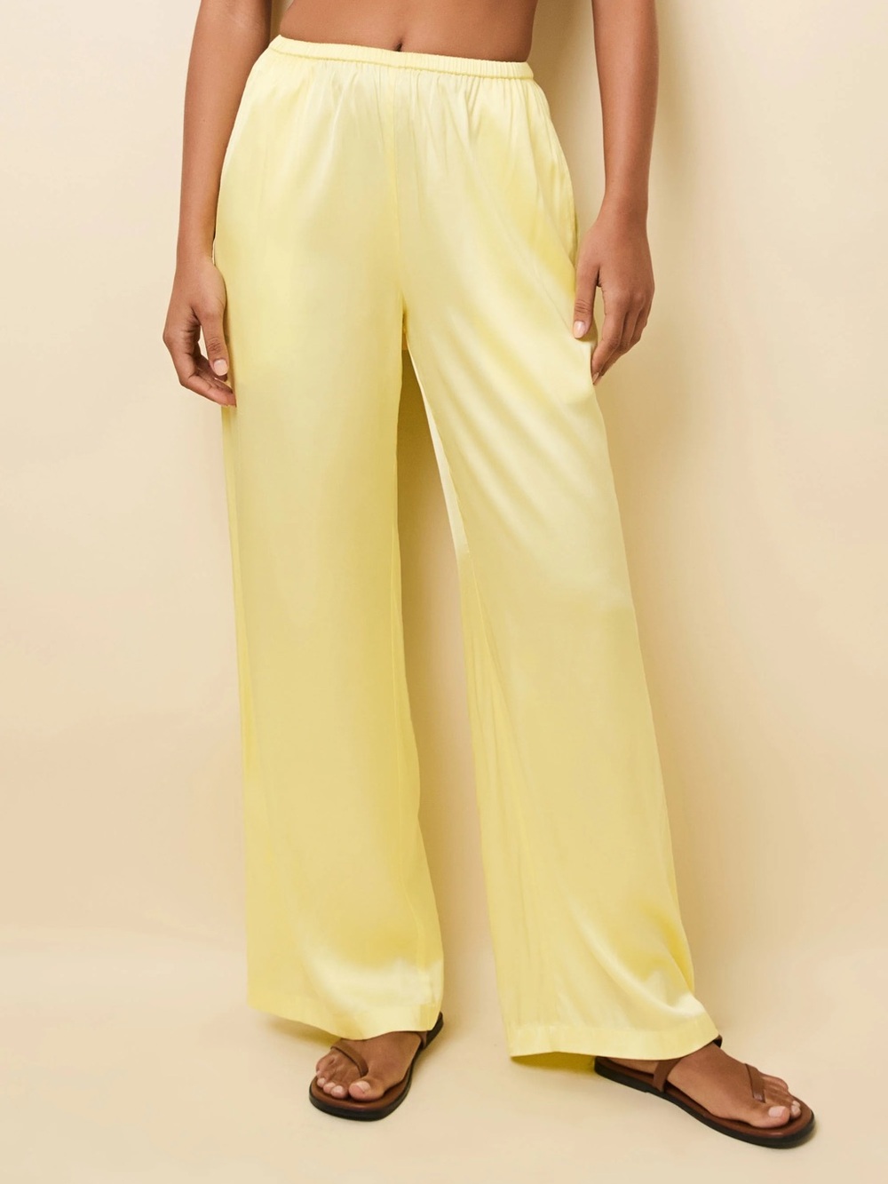 SOLID & STRIPED Pale Yellow Wide-Leg Satin Pants